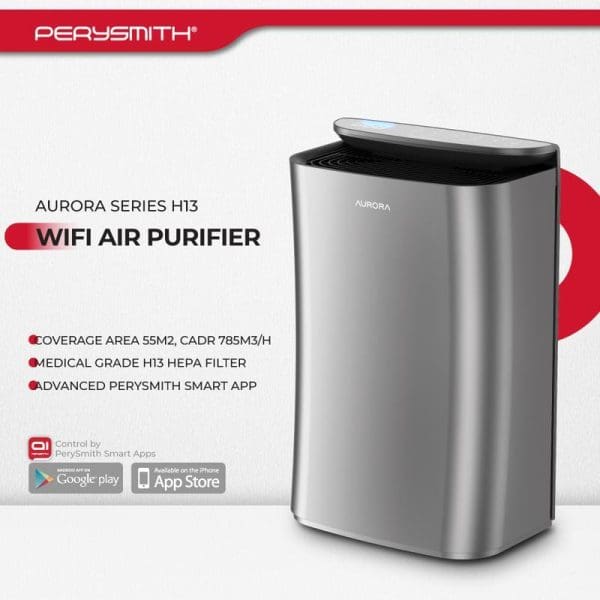 PerySmith Aurora Series H13 WiFi Air Purifier with medical grade HEPA filter, 55m2 coverage, 785m3/h CADR, smart app control available on Google Play and App Store.