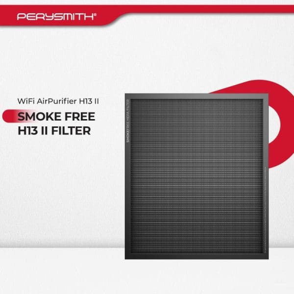 PerySmith WiFi Air Purifier H13 II Smoke Free HEPA Filter - black square air filter with mesh design on white and red background