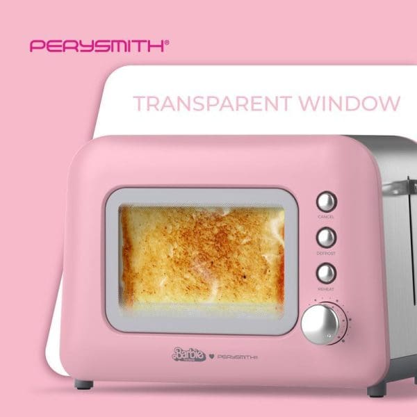 Pink Perysmith X Barbie 2-slice toaster with transparent window showing toasted bread, featuring silver control knobs and buttons on pink background.