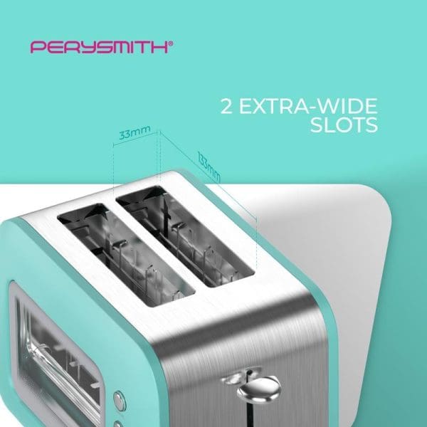 Perysmith X Barbie 2-slice bread toaster in turquoise and white with stainless steel accents, featuring two extra-wide slots with dimension measurements displayed.
