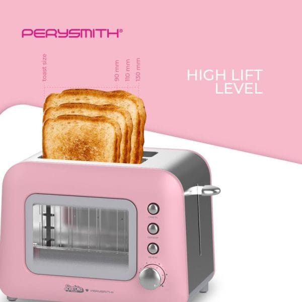 Pink Perysmith X Barbie 2-slice toaster with transparent side window showing toast slices, featuring high lift level and branded pink aesthetic design.