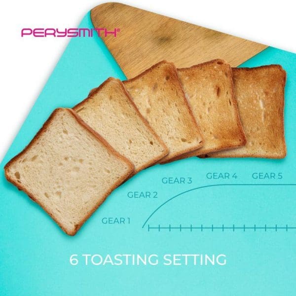 Perysmith toaster with 6 bread slices showing different toasting levels from light to dark, arranged on turquoise cutting board with gear settings labeled 1-5.