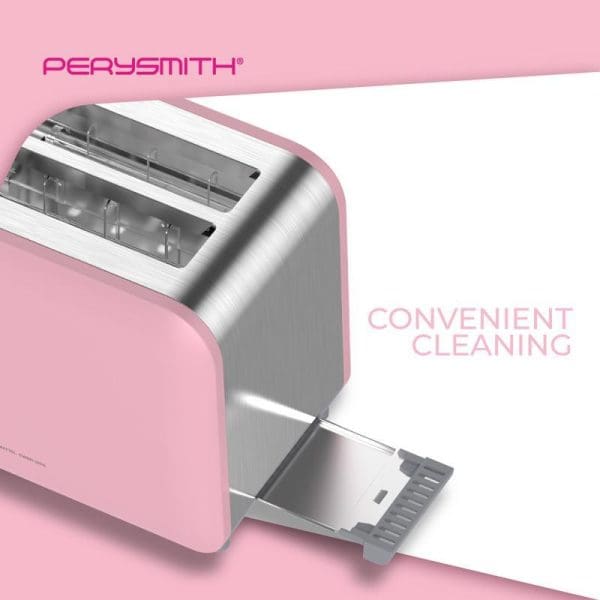 Pink and stainless steel Perysmith X Barbie 2-slice bread toaster with open crumb tray, featuring "Convenient Cleaning" text on gradient pink background.
