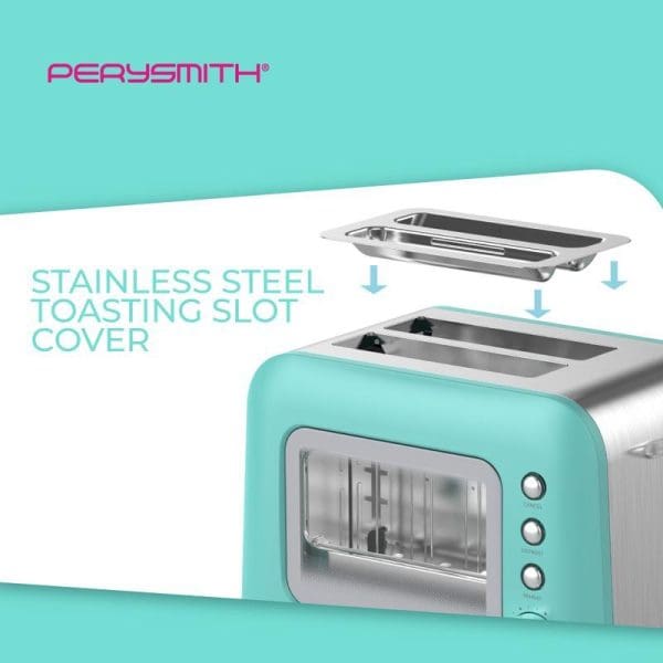 Perysmith X Barbie 2 Slice Bread Toaster in turquoise and white with stainless steel toasting slot cover, featuring transparent viewing window and control buttons.