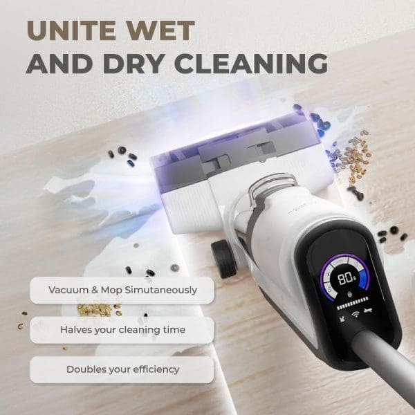 Russell Taylors 2-in-1 Wet Dry Cordless Floor Washer with vacuum and mop functions, featuring digital display showing 80% battery, cleaning spilled cereal on floor.