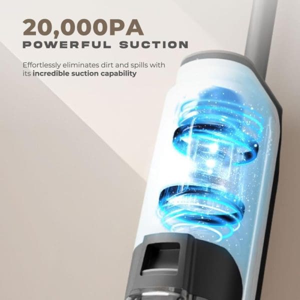 Russell Taylors 2-in-1 cordless floor washer with 20,000PA powerful suction, showing blue swirling motion graphics demonstrating cleaning capability on white vacuum cleaner body.