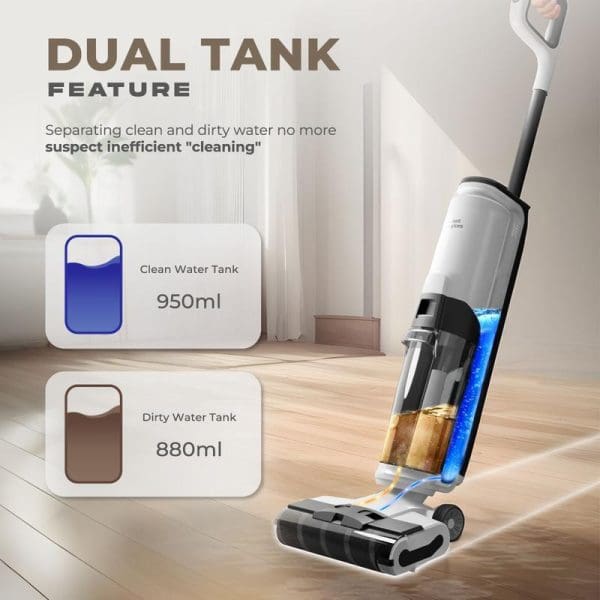 Russell Taylors 2-in-1 cordless floor washer with dual tank feature showing 950ml clean water tank and 880ml dirty water tank for efficient cleaning.
