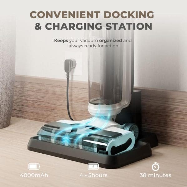 Russell Taylors 2-in-1 cordless vacuum cleaner and mop docked on charging station with 4000mAh battery, 4-5 hour charge time, 38 minute runtime specifications displayed.
