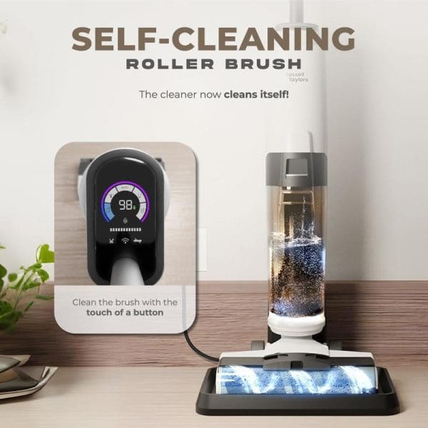 Russell Taylors 2-in-1 cordless floor washer with self-cleaning roller brush, digital display showing 98%, cleaning station, and blue illuminated brush head on wooden surface.