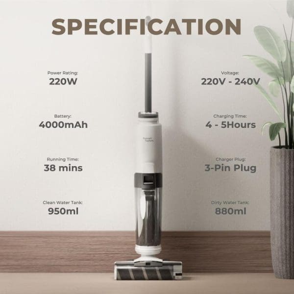 Russell Taylors 2-in-1 Wet Dry Cordless Floor Washer with specifications showing 220W power, 4000mAh battery, 38-minute runtime, and dual water tanks.
