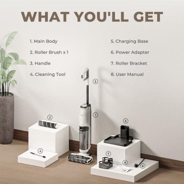 Russell Taylors 2-in-1 Wet Dry Cordless Floor Washer 220W BLDC Vacuum Cleaner & Mop i2 with all included components displayed on white platforms.