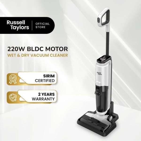 Russell Taylors 220W BLDC motor wet and dry vacuum cleaner with SIRIM certification and 2-year warranty, white and black cordless design.