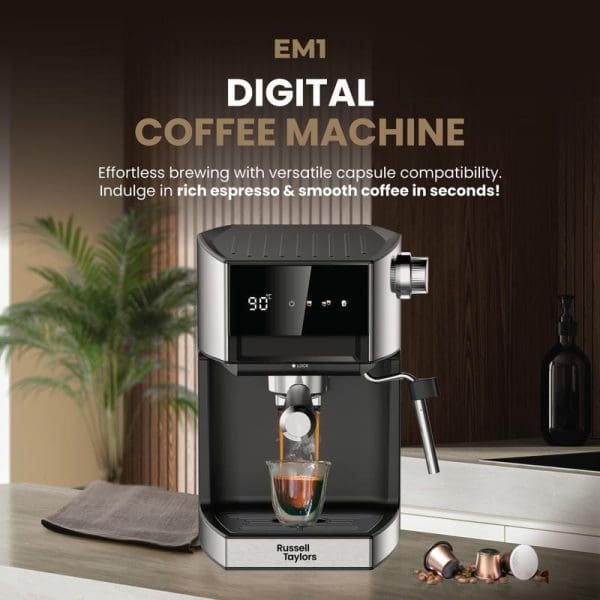 Russell Taylors EM1 Digital Coffee Machine with 20 bar pressure, digital display showing 38°, brewing espresso into glass cup on modern kitchen counter.