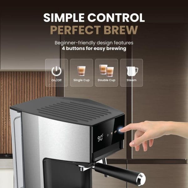 Russell Taylors EM1 espresso machine with digital display showing simple 4-button control panel for on/off, single cup, double cup, and steam functions.