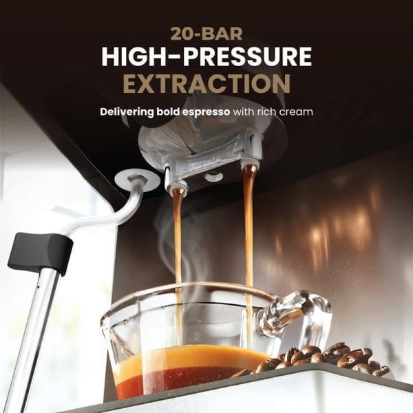 Russell Taylors EM1 espresso machine with 20-bar high-pressure extraction brewing coffee into glass cup, showcasing rich crema and coffee beans scattered nearby.