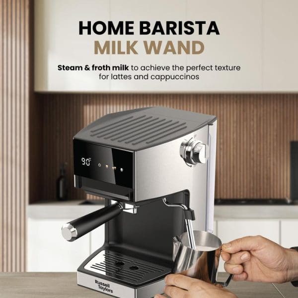 Russell Taylors EM1 espresso machine with digital display and milk steaming wand on kitchen counter, showcasing home barista capabilities for lattes and cappuccinos.