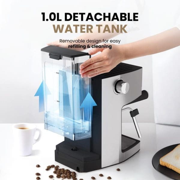 Russell Taylors EM1 espresso machine with 1.0L detachable water tank being removed by hand, showing transparent reservoir with blue arrows indicating easy refilling feature.