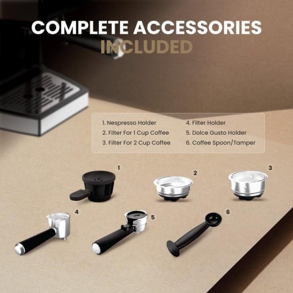 Russell Taylors 20 Bar Espresso Coffee Machine EM1 complete accessories including Nespresso holder, coffee filters, filter holder, Dolce Gusto holder, and coffee spoon tamper.