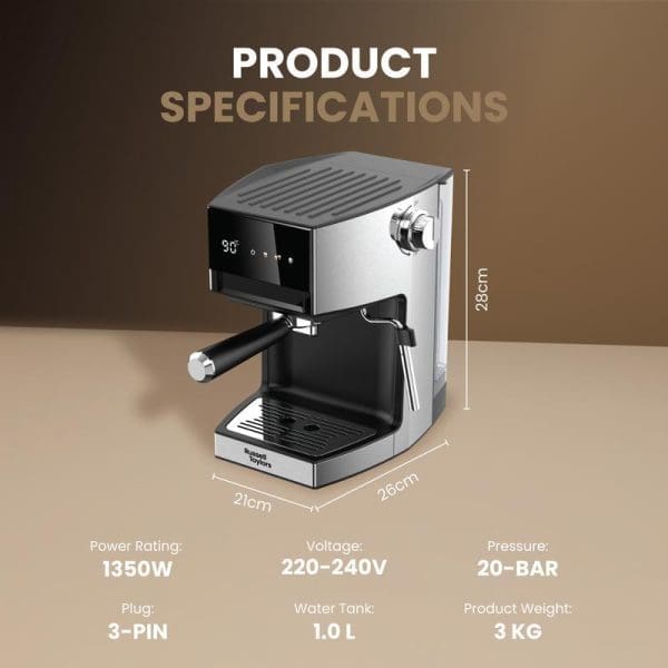 Russell Taylors EM1 espresso machine product specifications showing dimensions (21x26.5x28cm), 1350W power, 220-240V voltage, 20-bar pressure, 1.0L water tank, 3KG weight.