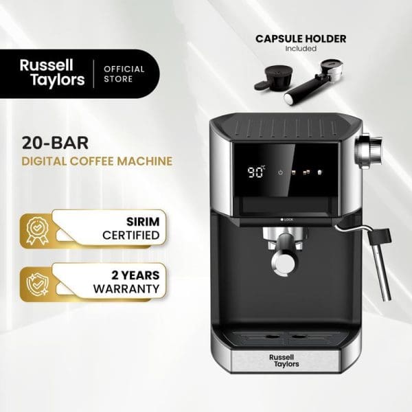 Russell Taylors 20-Bar Digital Coffee Machine EM1 with digital display, SIRIM certified, 2-year warranty, includes capsule holder and accessories, black and silver design.