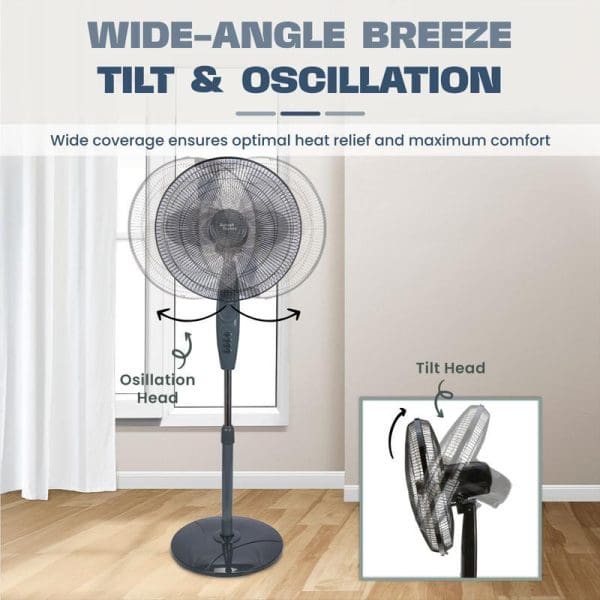 Russell Taylors 16-inch 3-blade stand fan with wide-angle oscillation and tilt features, showing adjustable head positions for optimal air circulation and comfort.