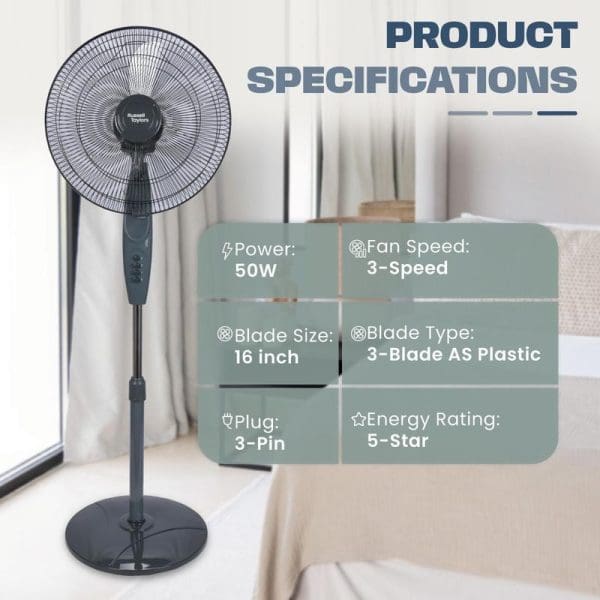 Russell Taylors 16-inch 3-blade stand fan with product specifications showing 50W power, 3-speed settings, 3-pin plug, and 5-star energy rating displayed on green overlay.