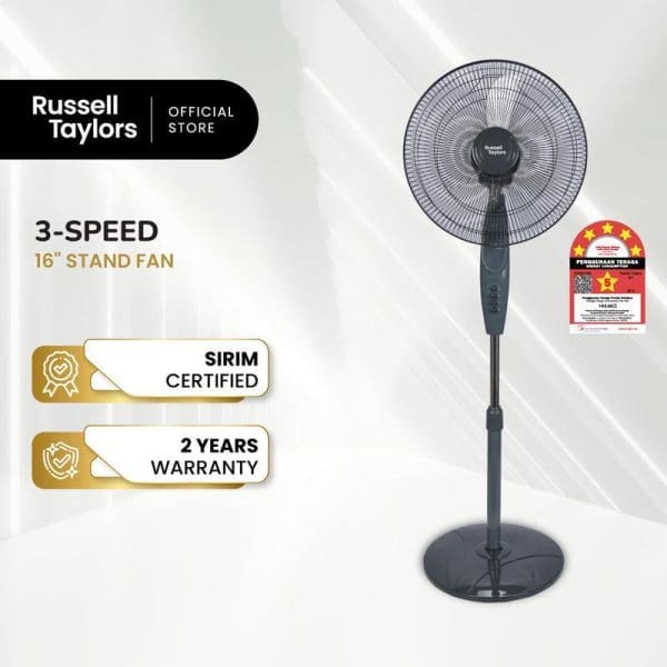 Russell Taylors 16-inch 3-speed stand fan with black design, SIRIM certified, 2-year warranty, adjustable height pole and circular base.