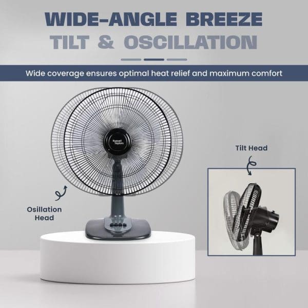 Russell Taylors 16-inch 3-blade table fan featuring wide-angle breeze with tilt and oscillation functions for optimal heat relief and maximum comfort coverage.