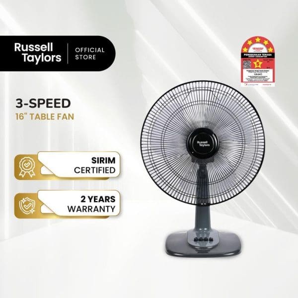 Russell Taylors 16-inch 3-speed black table fan with SIRIM certification and 2-year warranty, featuring three blades and control buttons on base.