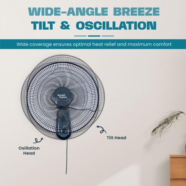 Russell Taylors 16-inch wall-mounted fan with wide-angle breeze, tilt and oscillation features, showing the fan head with arrows indicating movement directions for optimal cooling coverage.