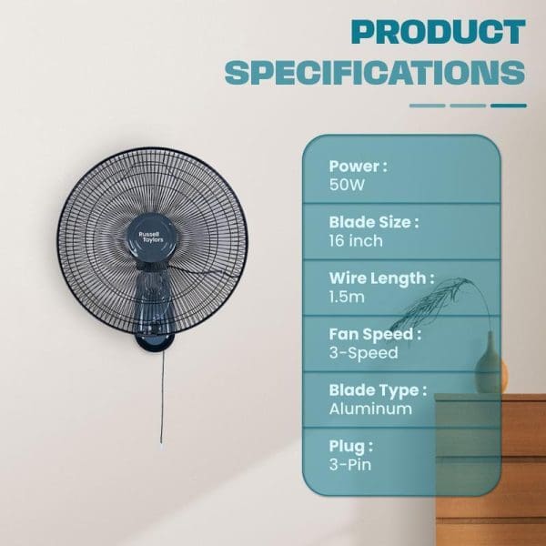 Russell Taylors 16-inch black wall-mounted fan with product specifications showing 50W power, 3-speed settings, aluminum blades, 1.5m wire length, and 3-pin plug.
