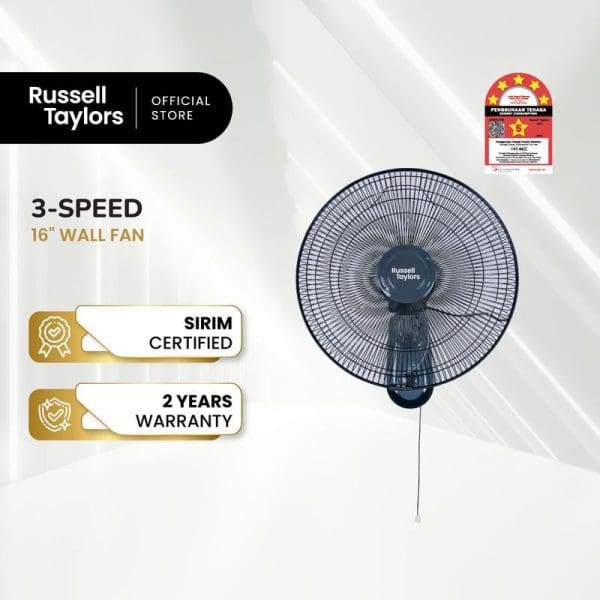 Russell Taylors 16-inch 3-speed wall fan with black metal guard, SIRIM certified, 2-year warranty, official store branding and Malaysian certification seal.