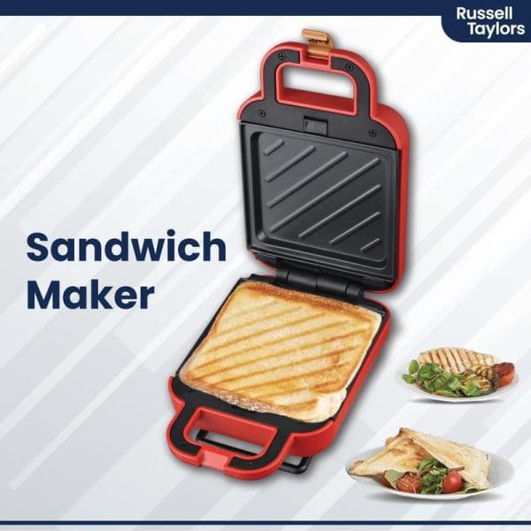 Russell Taylors red and black sandwich maker with open lid showing grilled sandwich inside, plus two plated sandwiches, branded promotional product image.