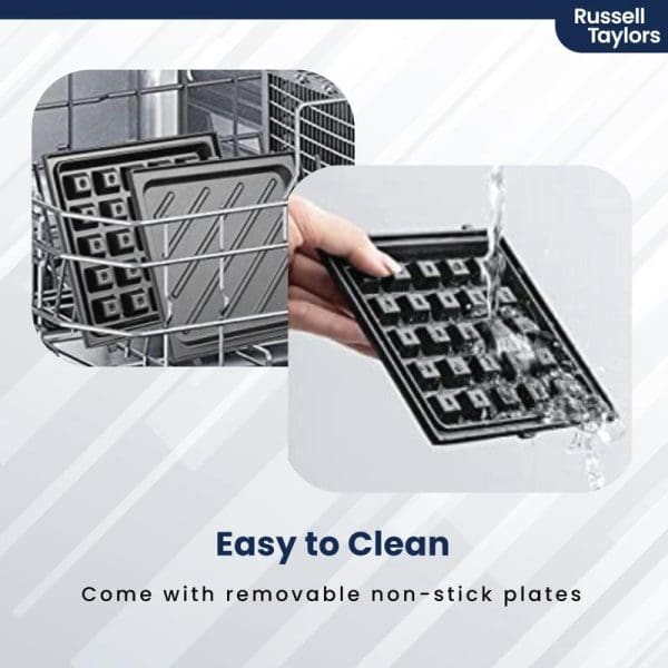 Russell Taylors 3-in-1 Waffle Maker with removable non-stick plates shown in dishwasher and being hand-washed under running water, highlighting easy cleaning feature.