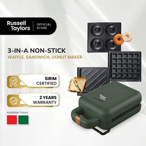 Russell Taylors 3-in-1 non-stick waffle, sandwich, and donut maker in green with interchangeable plates, SIRIM certified, 2-year warranty, available in red and green colors.