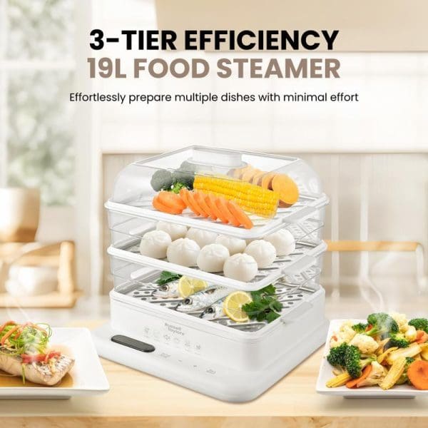 Russell Taylors 3-tier white food steamer with transparent trays containing vegetables, corn, dumplings, and fish, showcasing 19L capacity for efficient multi-level cooking.
