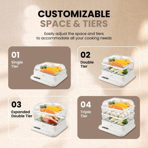 Russell Taylors MC30 food steamer showing four customizable configurations: single tier, double tier, expanded double tier, and triple tier options with stainless steel trays.