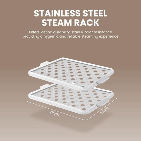 Russell Taylors 3-Tier Food Steamer with stainless steel steam rack featuring perforated trays, 28cm x 22cm dimensions, offering durability and hygienic steaming experience.