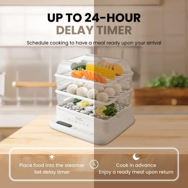 Russell Taylors 3-Tier Food Steamer with 24-hour delay timer feature, showing vegetables, eggs, and fish arranged in transparent steaming compartments on kitchen counter.