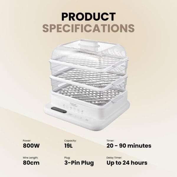 Product specifications image of Russell Taylors 3-Tier Food Steamer MC30 showing 800W power, 19L capacity, 20-90 minute timer, and 80cm wire length.