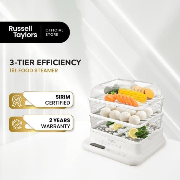 Russell Taylors 3-Tier Food Steamer 19L with three transparent steaming levels containing vegetables, eggs, and fish, featuring SIRIM certification and 2-year warranty.