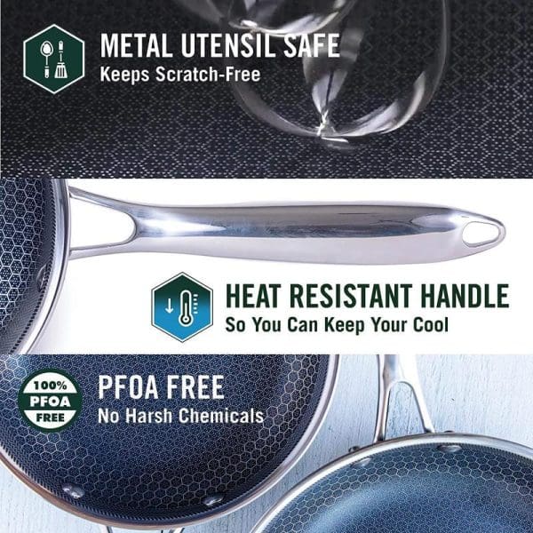 Russell Taylors 316 stainless steel non-stick honeycomb wok pan with lid featuring metal utensil safe coating, heat resistant handle, and PFOA-free construction.