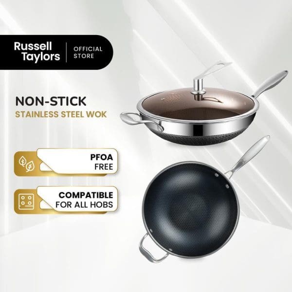 Russell Taylors stainless steel non-stick wok pan with glass lid, PFOA free, compatible with all hobs, honeycomb interior coating.