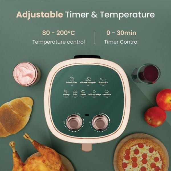 Russell Taylors 3D Air Fryer Large 4.2L with adjustable timer and temperature controls, featuring preset cooking options and surrounded by various foods on green background.