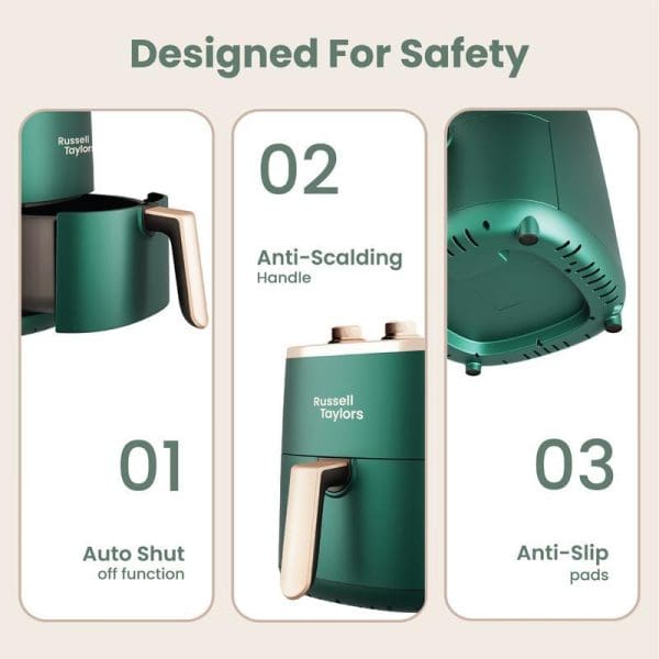 Russell Taylors 3D Air Fryer safety features infographic showing auto shut-off function, anti-scalding handle, and anti-slip pads in green design.