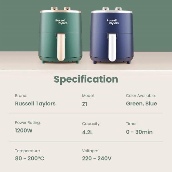 Russell Taylors Z1 4.2L Air Fryer in green and blue colors with specification details including 1200W power, 80-200°C temperature range, and 30-minute timer.