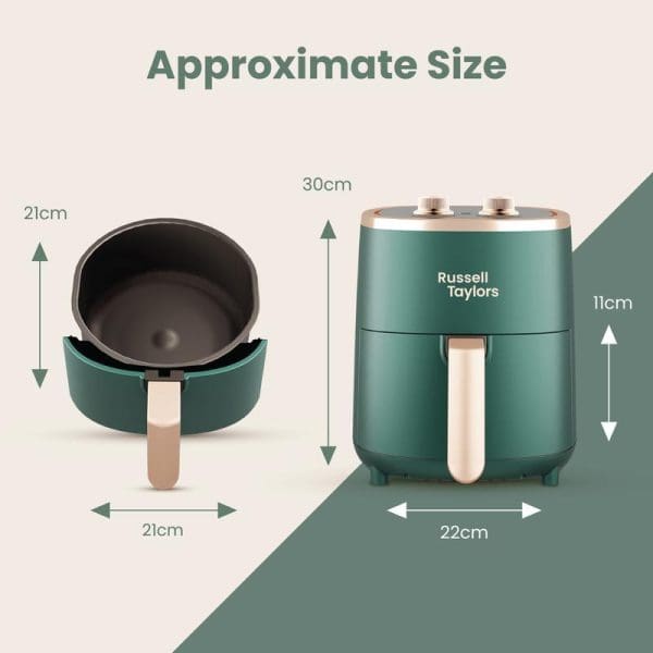 Russell Taylors 3D Air Fryer Large 4.2L Z1 with removable basket showing approximate dimensions: 30cm height, 22cm width, 21cm basket diameter.