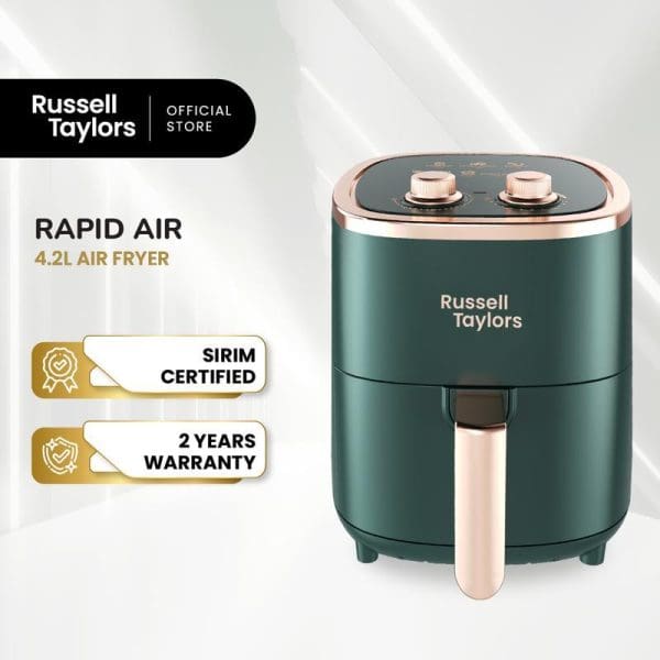 Russell Taylors 4.2L Rapid Air Fryer in green with rose gold accents, featuring SIRIM certification and 2-year warranty badges from official store.