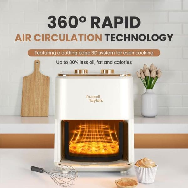 Russell Taylors 3D Visible Window Air Fryer with 360° rapid air circulation technology, featuring transparent cooking chamber with pizza inside, highlighting healthier cooking benefits.