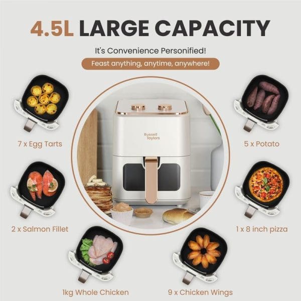 Russell Taylors 4.5L air fryer with white and rose gold design, surrounded by cooking capacity examples including egg tarts, salmon, chicken, pizza, and potatoes.